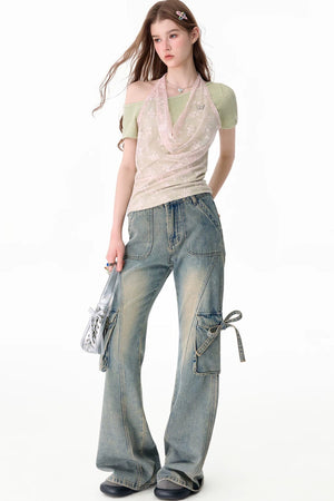 Short-Sleeve Floral Lace Halter Overlay Top