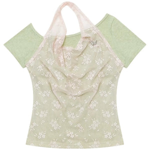 Short-Sleeve Floral Lace Halter Overlay Top