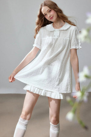 Short Sleeve Hollow Out Doll Collar Top and Skirt Set-Up