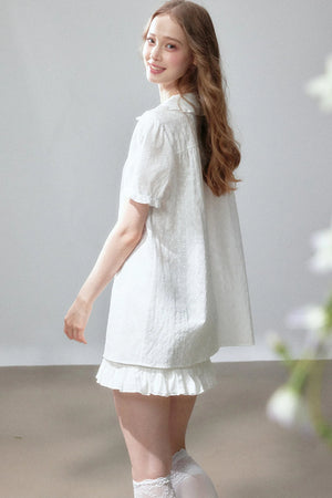 Short Sleeve Hollow Out Doll Collar Top and Skirt Set-Up