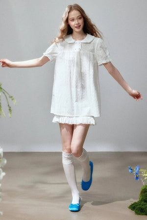 Short Sleeve Hollow Out Doll Collar Top and Skirt Set-Up
