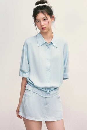 Short Sleeve Light Blue Shirt and Skirt Set-Up