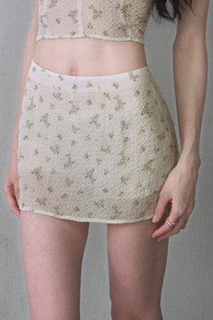 Short-Sleeved Floral Square-Neck Crop Top and Hip-Hugging Skirt Set
