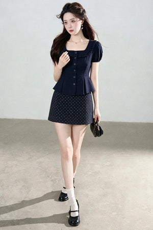 Short-Sleeved Shirt and Polka Dot Skirt Set-Up