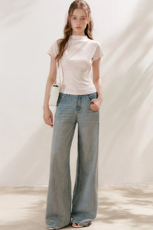 Silver Embellishment Straight Wide-Leg Loose Jeans