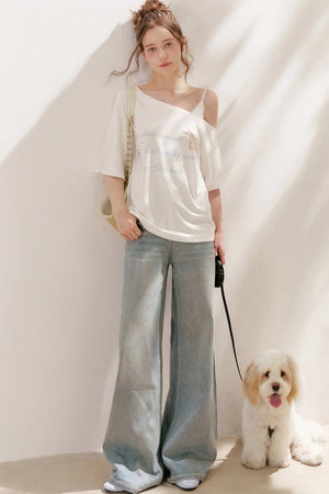 Silver Embellishment Straight Wide-Leg Loose Jeans
