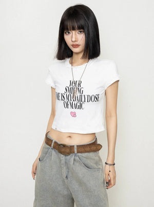 Simple English Printed Short Sleeve Top