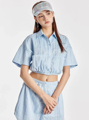 Sky Blue Elasticated Crop Shirt With Simple Skirt Set-Up