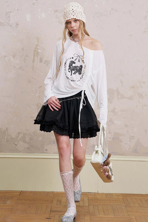 Slanted Monochrome Flower Ruffle T-Shirt