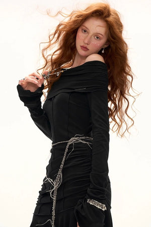 Slanted Pleated French Waist Long Sleeve Midi Dress