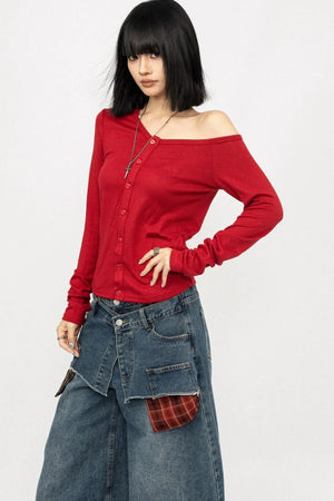 Slanted shoulder Long Sleeve Knitted Top