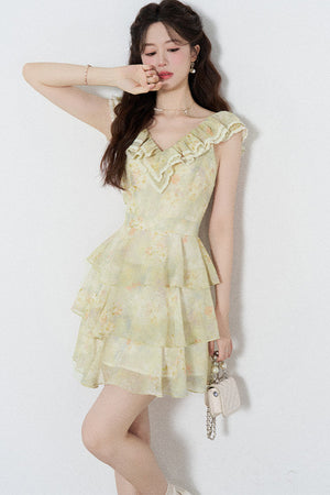 Sleeveless Green Ruffled Tiered Dress