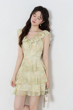 Sleeveless Green Ruffled Tiered Dress
