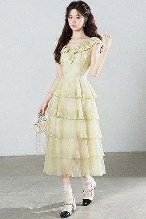 Sleeveless Green Ruffled Tiered Dress