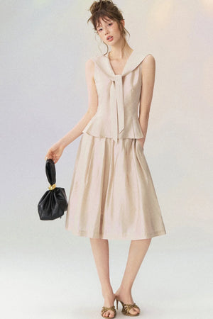 Sleeveless Sailor Collar Shirt and Pleated Pants Set-Up