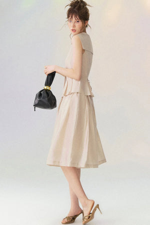 Sleeveless Sailor Collar Shirt and Pleated Pants Set-Up