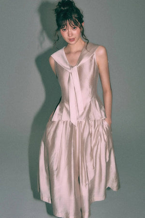 Sleeveless Sailor Collar Shirt and Pleated Pants Set-Up