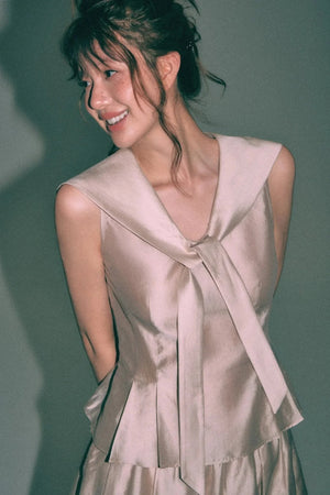 Sleeveless Sailor Collar Shirt and Pleated Pants Set-Up