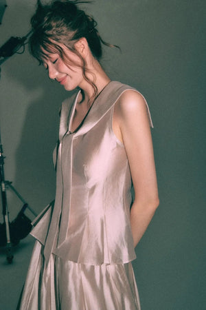 Sleeveless Sailor Collar Shirt and Pleated Pants Set-Up