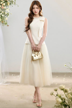 Sleeveless Waist-Cinching Tulle Skirt Dress