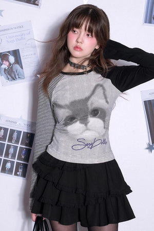 Slim Fit Cat Print Color-Block Top