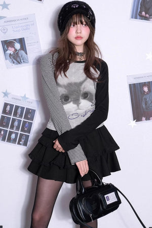 Slim Fit Cat Print Color-Block Top