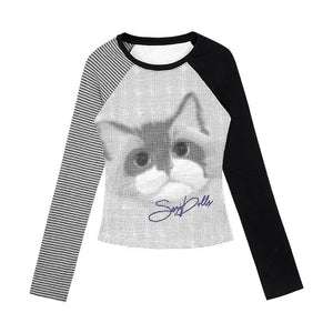 Slim Fit Cat Print Color-Block Top