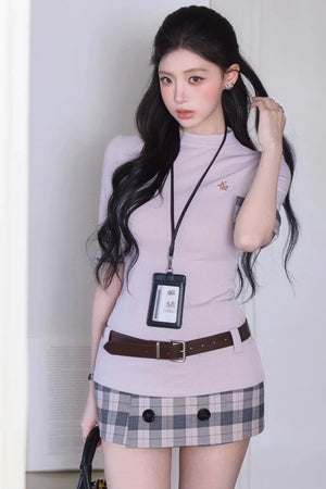 Slim-Fit Plaid Skirt Two-Piece Set-Up