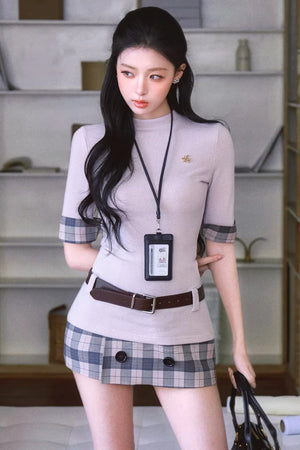 Slim-Fit Plaid Skirt Two-Piece Set-Up
