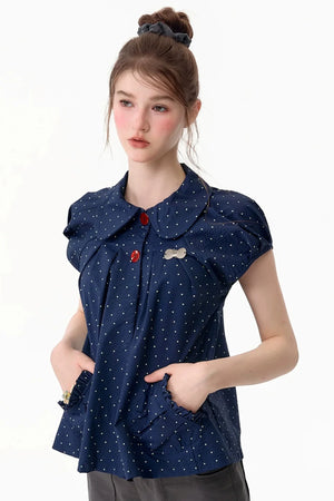 Slim Fit Retro Doll Collar Polka Dot Top