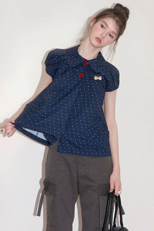 Slim Fit Retro Doll Collar Polka Dot Top