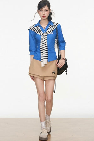 Slim Plaid Shirt & Short Skirt Set-Up