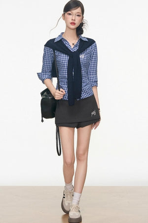 Slim Plaid Shirt & Short Skirt Set-Up