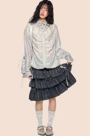Smocked Lace-Up Plaid Blouse