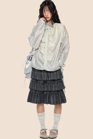 Smocked Lace-Up Plaid Blouse
