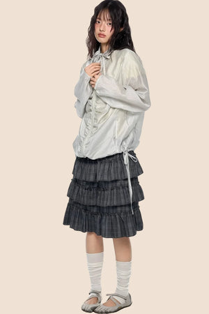 Smocked Lace-Up Plaid Blouse