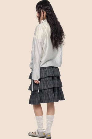 Smocked Lace-Up Plaid Blouse
