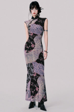 Smokey Purple Color-Block Cheongsam Dress