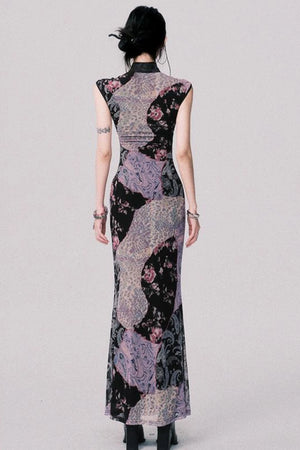 Smokey Purple Color-Block Cheongsam Dress