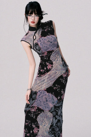 Smokey Purple Color-Block Cheongsam Dress