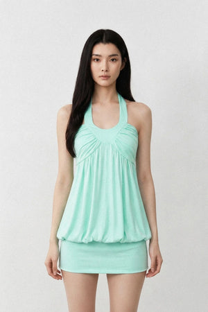 Solid Color Halter V-Neck Backless Ruched Dress