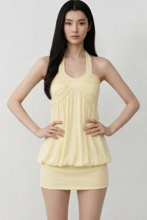 Solid Color Halter V-Neck Backless Ruched Dress