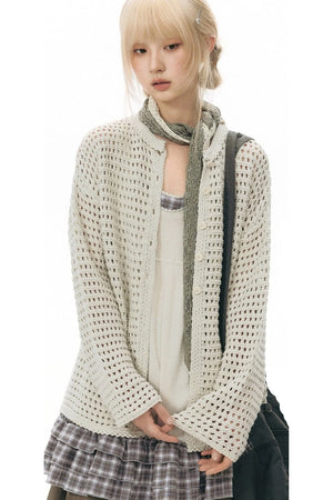 Solid Color Hollow Knit Cardigan