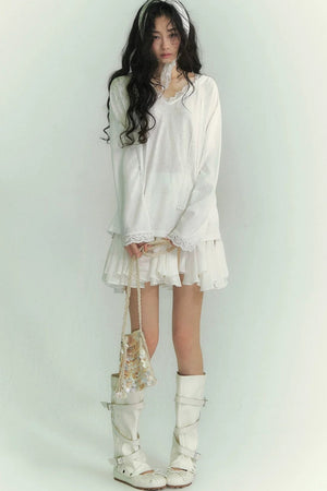 Somesowe Lace Ribbon Hooded T-Shirt