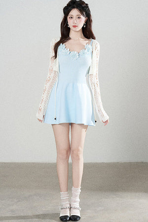 Spaghetti Strap Knitted Dress With Cardigan Set-Up