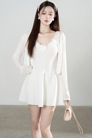 Spaghetti Strap Knitted Dress With Cardigan Set-Up