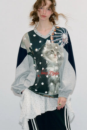 Spliced Cat Print Polka Dot V-Neck Sweatshirt