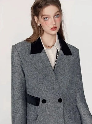 Spliced herringbone midi tweed coat