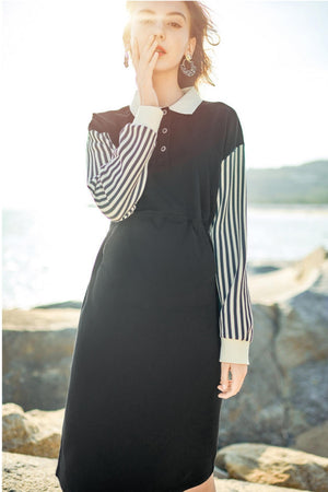 Splicing Polo Neck Long Sleeve Dress