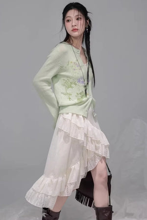 Spring Green Woolen Cardigan Set-Up